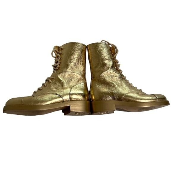 Chanel Gold Leather CC Lace Up Ankle Boots - Picture 1 of 6
